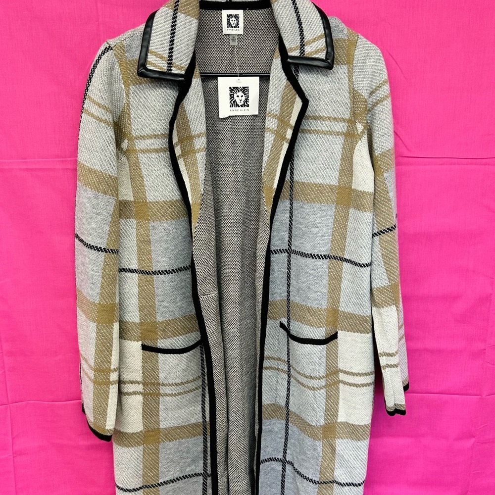 Plaid Open-Front Sweater Coat - Beige and Gray